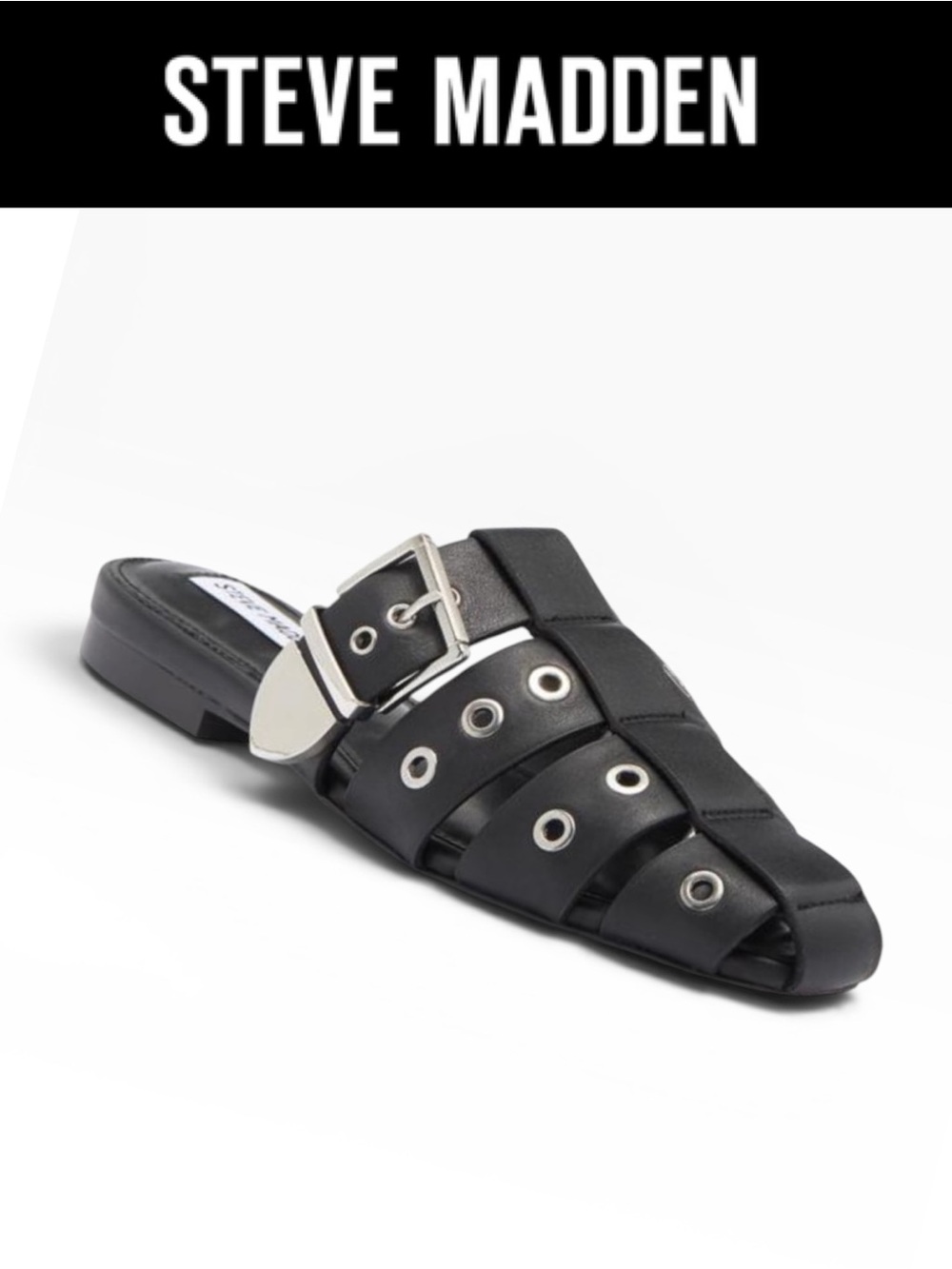 STEVE MADDEN LADERA BLACK LEATHER CAGE SLIDE SANDALS GROMMET BUCKLE MULES *NWT*